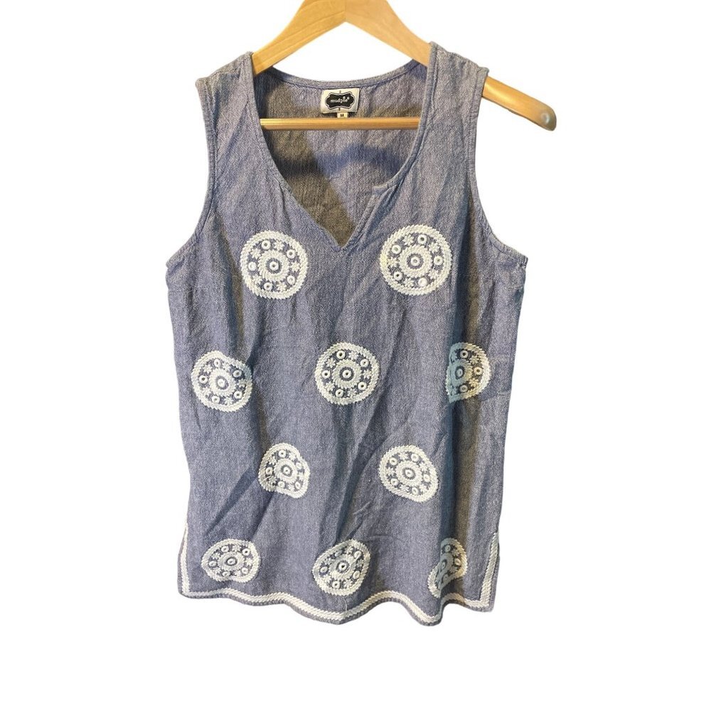 Mudpie Blue Embroidered Round Neck Sleeveless Pullover Top Sz M